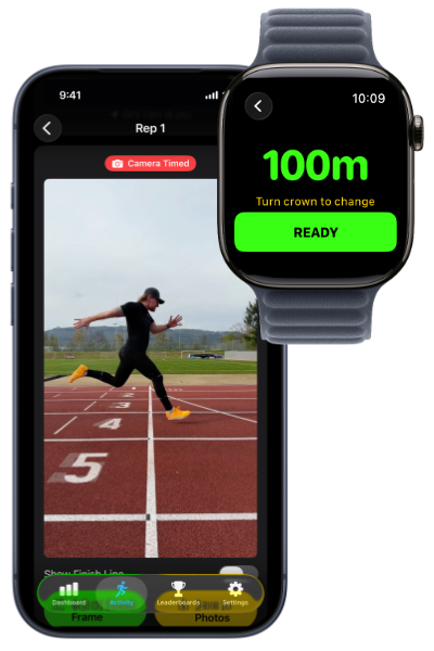 Falcata Run — iPhone camera-timed sprint recording with Apple Watch showing 100m distance selection