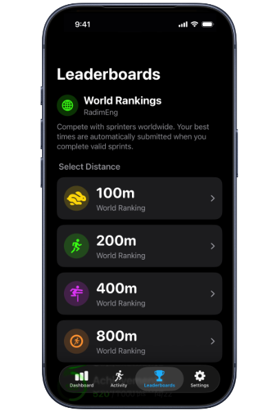 Falcata Run — Game Center Leaderboards with World Rankings for 100m, 200m, 400m, and 800m sprints