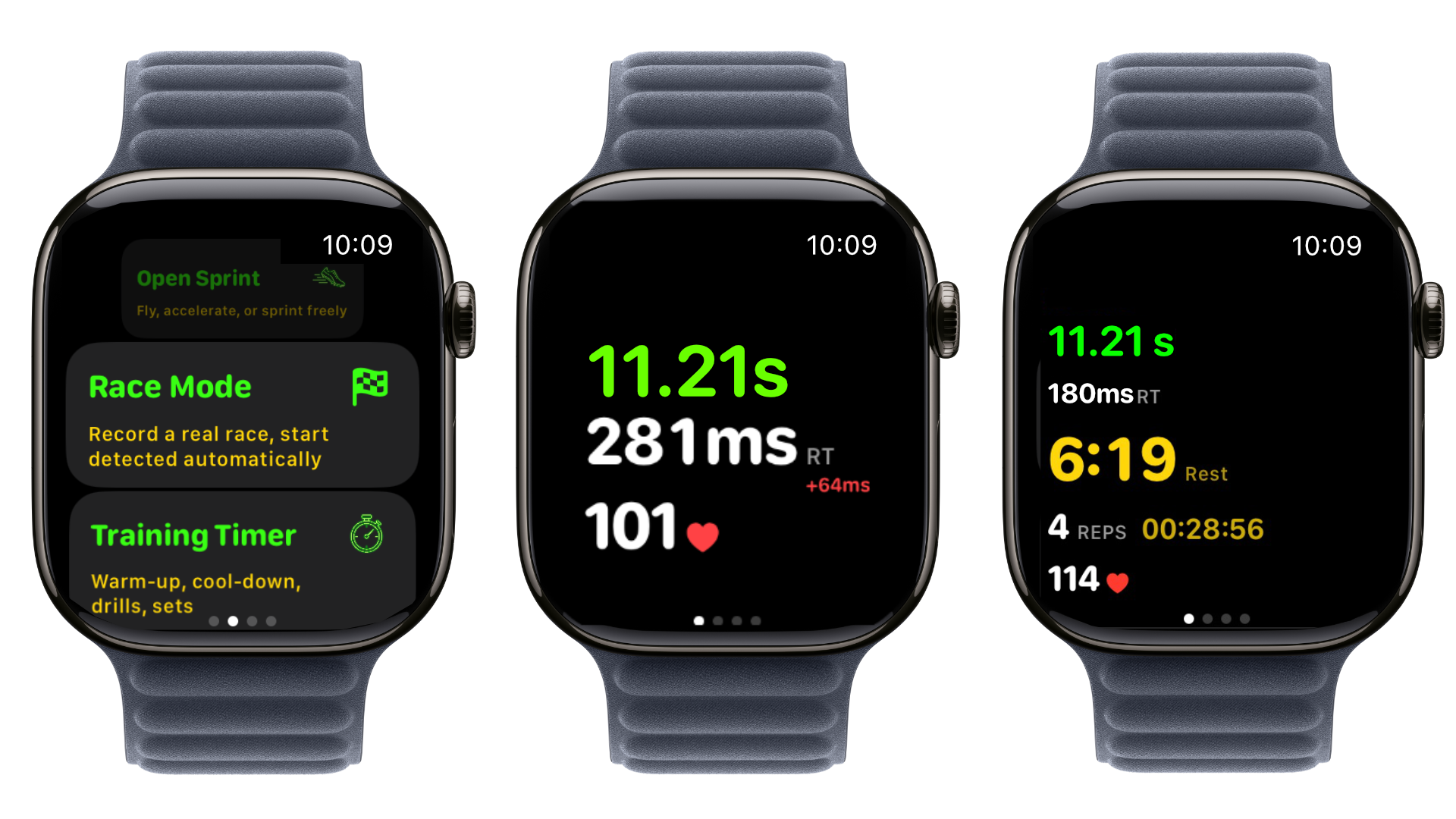 Falcata Run on Apple Watch — Open Sprint modes, sprint result 11.21s with 281ms reaction time, and training summary