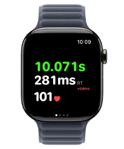 Falcata Run on Apple Watch showing a 10.071s sprint result with 281ms reaction time and heart rate